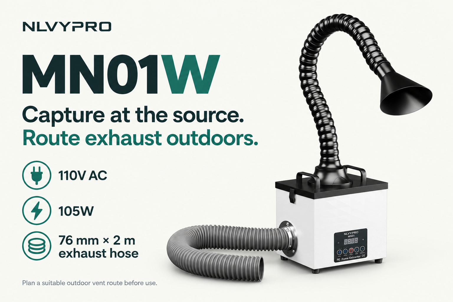 MN01W features: 110V, 105W and 76 mm by 2 m exhaust hose